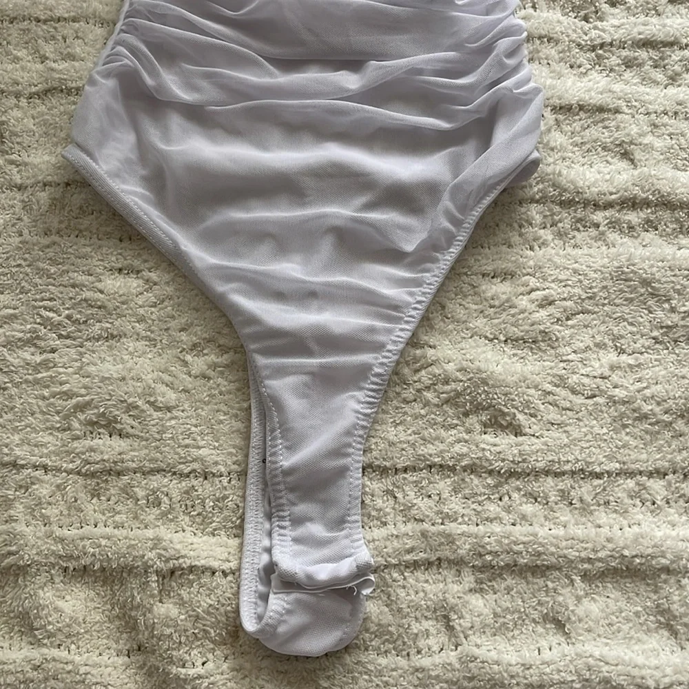 pretty little thing white Mesh Ruched Detail Thong bodysuit size 6